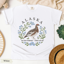 Load image into Gallery viewer, Alaska State Bird Flower Tee | Willow Ptarmigan and Forget-Me-Not T-Shirt