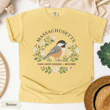 Load image into Gallery viewer, Massachusetts State Bird and Flower Tee | Black-Capped Chickadee & Mayflower