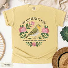 Load image into Gallery viewer, Washington State Bird and Flower Tee | Willow Goldfinch & Rhododendron