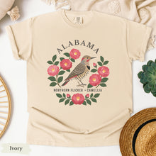 Load image into Gallery viewer, Alabama State Bird Flower Tee | Northern Flicker &amp; Camellia
