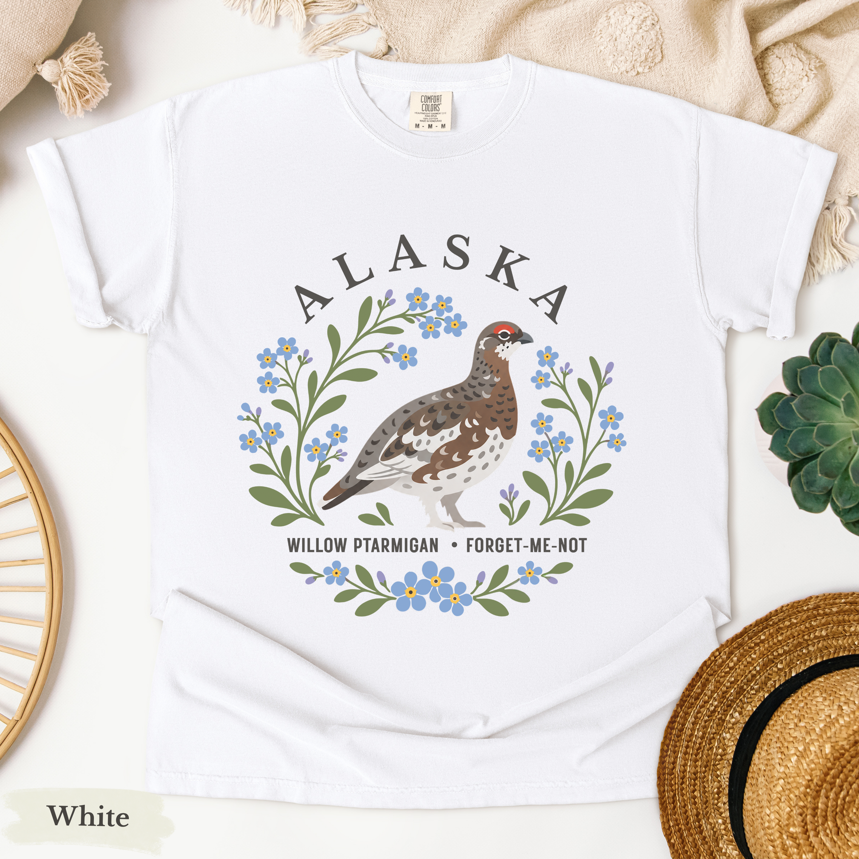 Alaska State Bird Flower Tee | Willow Ptarmigan and Forget-Me-Not