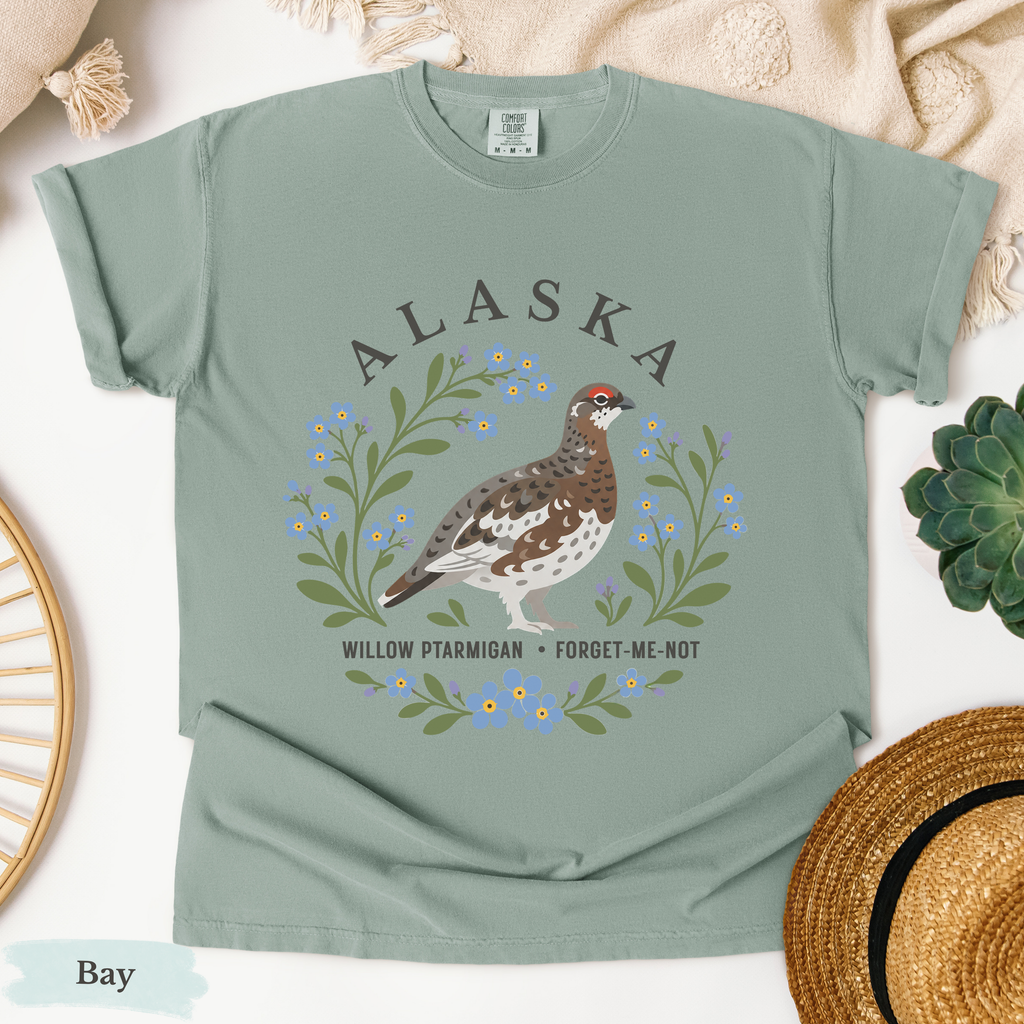 Alaska State Bird Flower Tee | Willow Ptarmigan and Forget-Me-Not