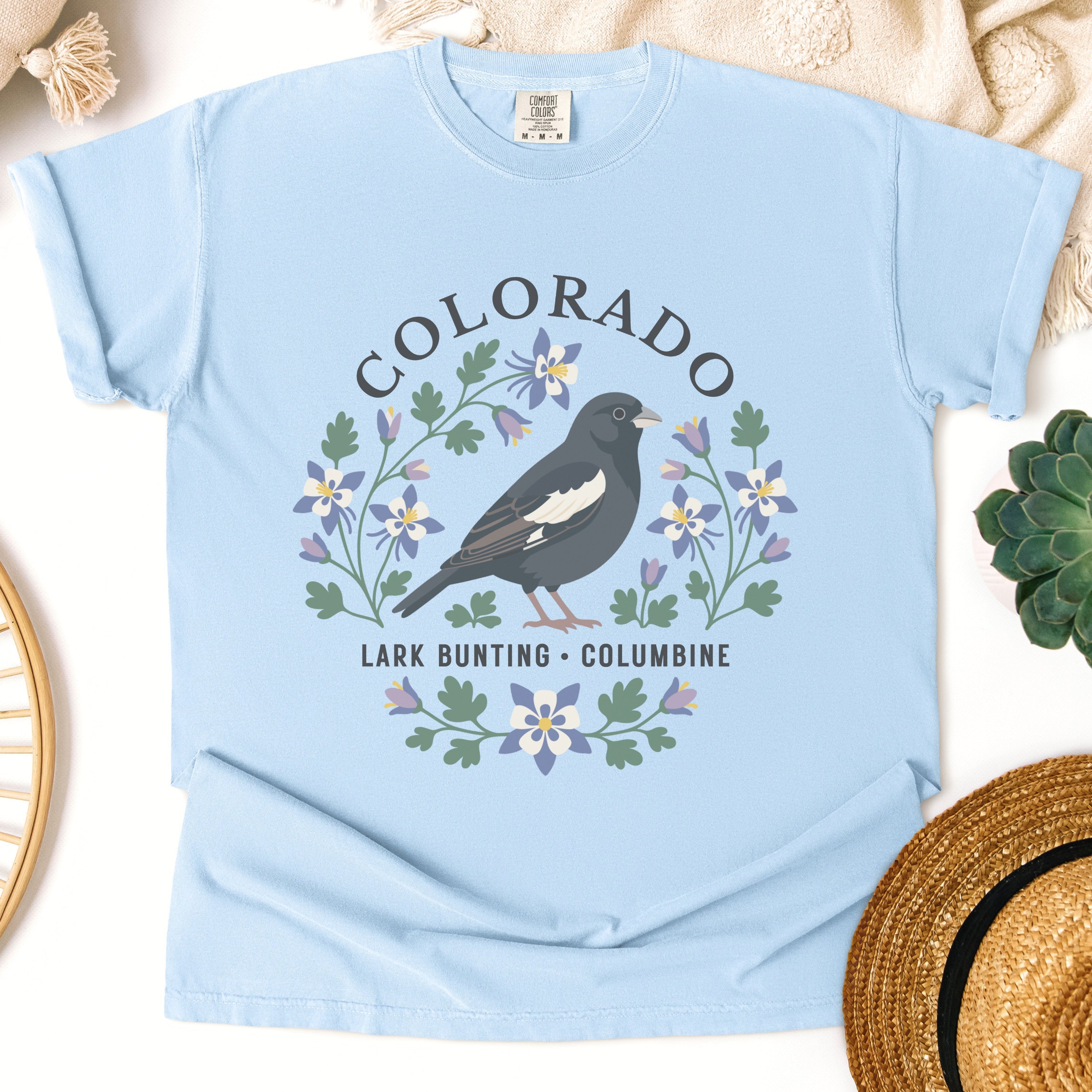Colorado State Bird Flower Tee | Lark Bunting & Columbine