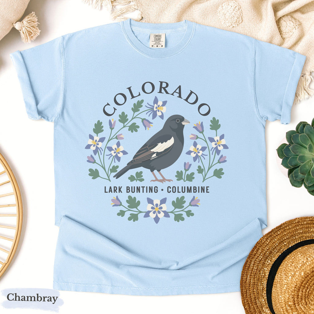 Colorado State Bird Flower Tee | Lark Bunting & Columbine