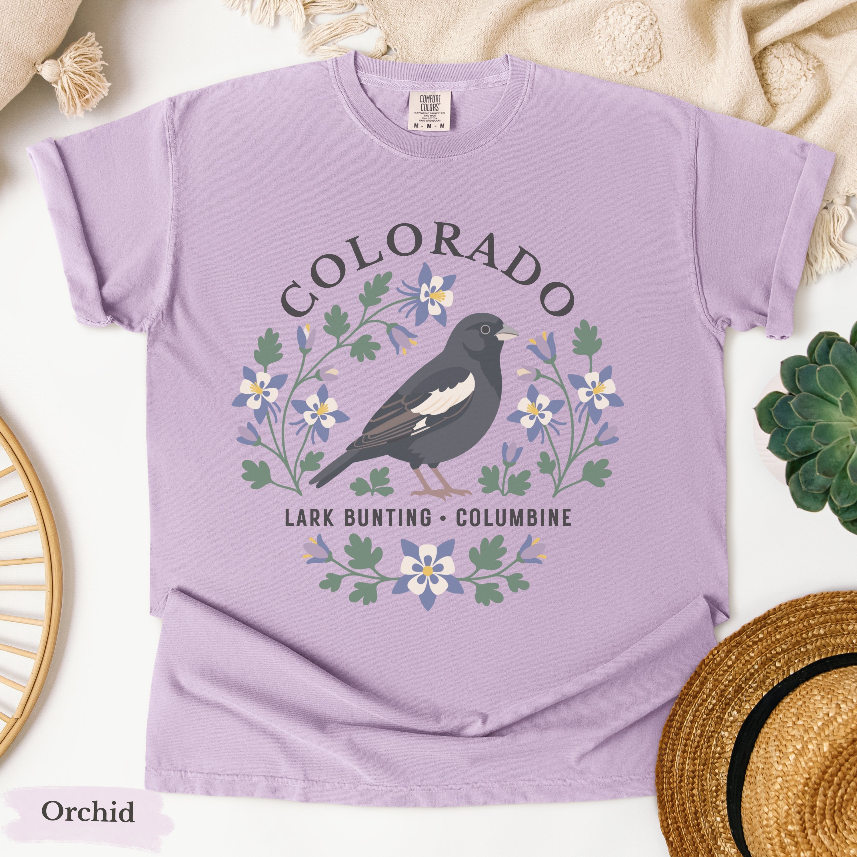 Colorado State Bird Flower Tee | Lark Bunting & Columbine