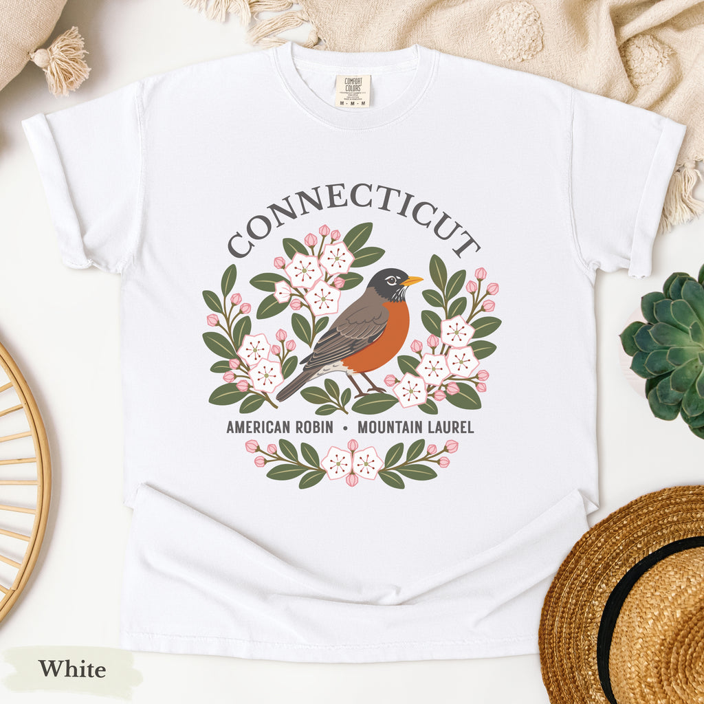 Connecticut State Bird Flower Tee | American Robin & Mountain Laurel