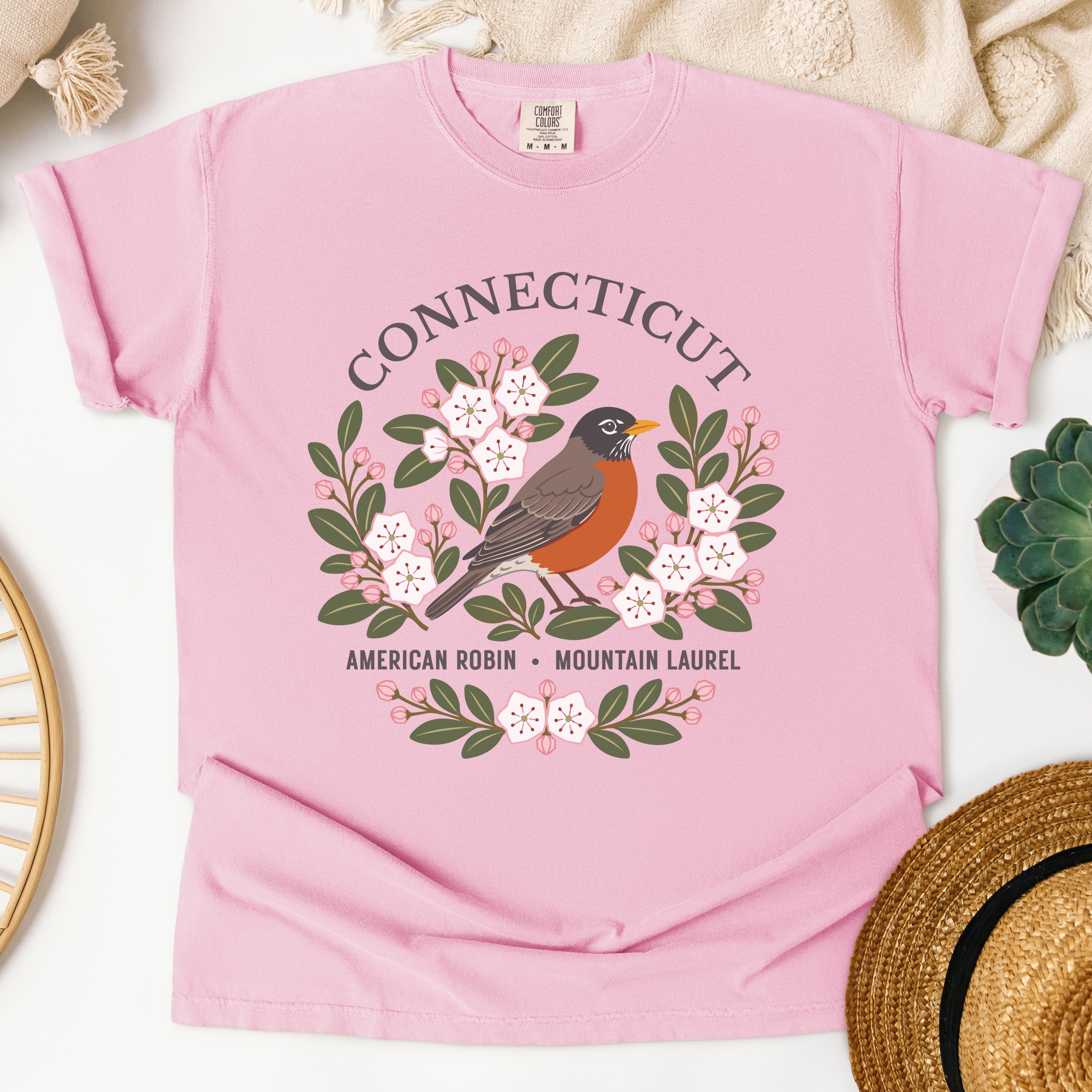 Connecticut State Bird Flower Tee | American Robin & Mountain Laurel