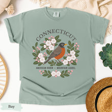 Load image into Gallery viewer, Connecticut State Bird Flower Tee | American Robin &amp; Mountain Laurel T-Shirt
