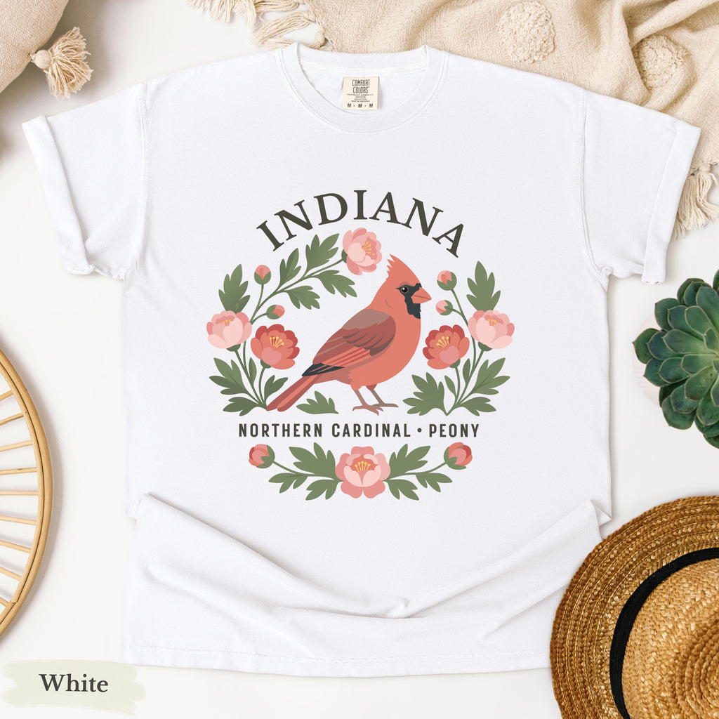 Indiana State Bird and Flower Tee | Northern Cardinal & Peony
