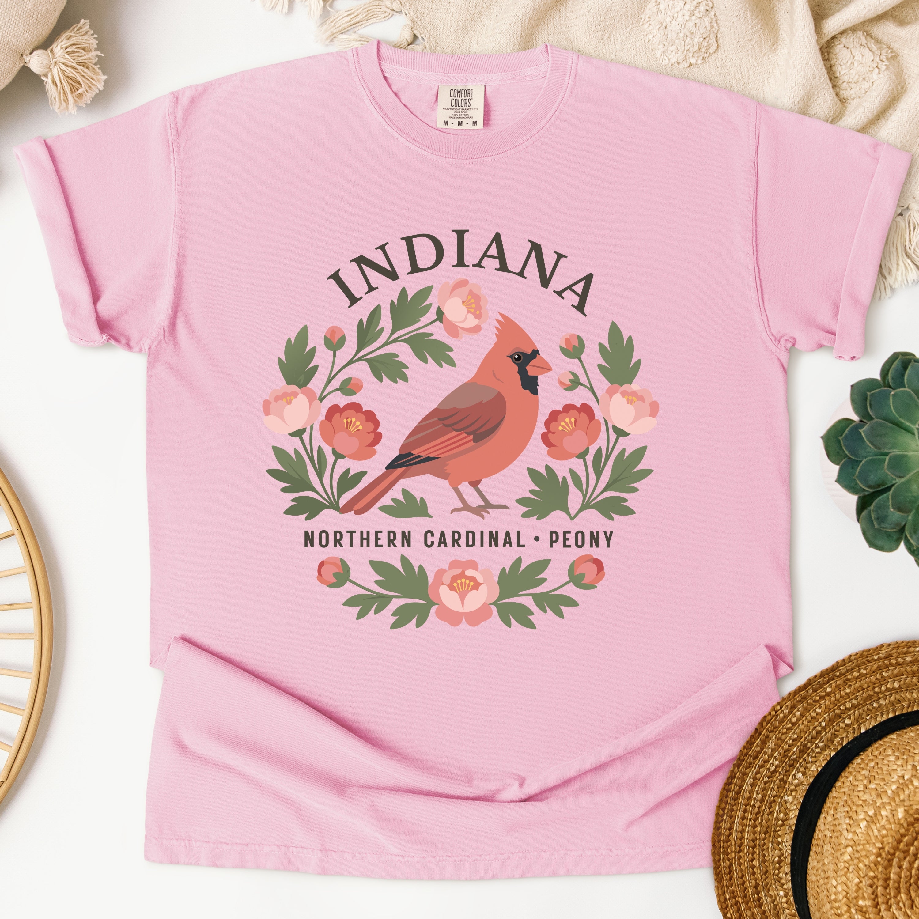 Indiana State Bird and Flower Tee | Northern Cardinal & Peony