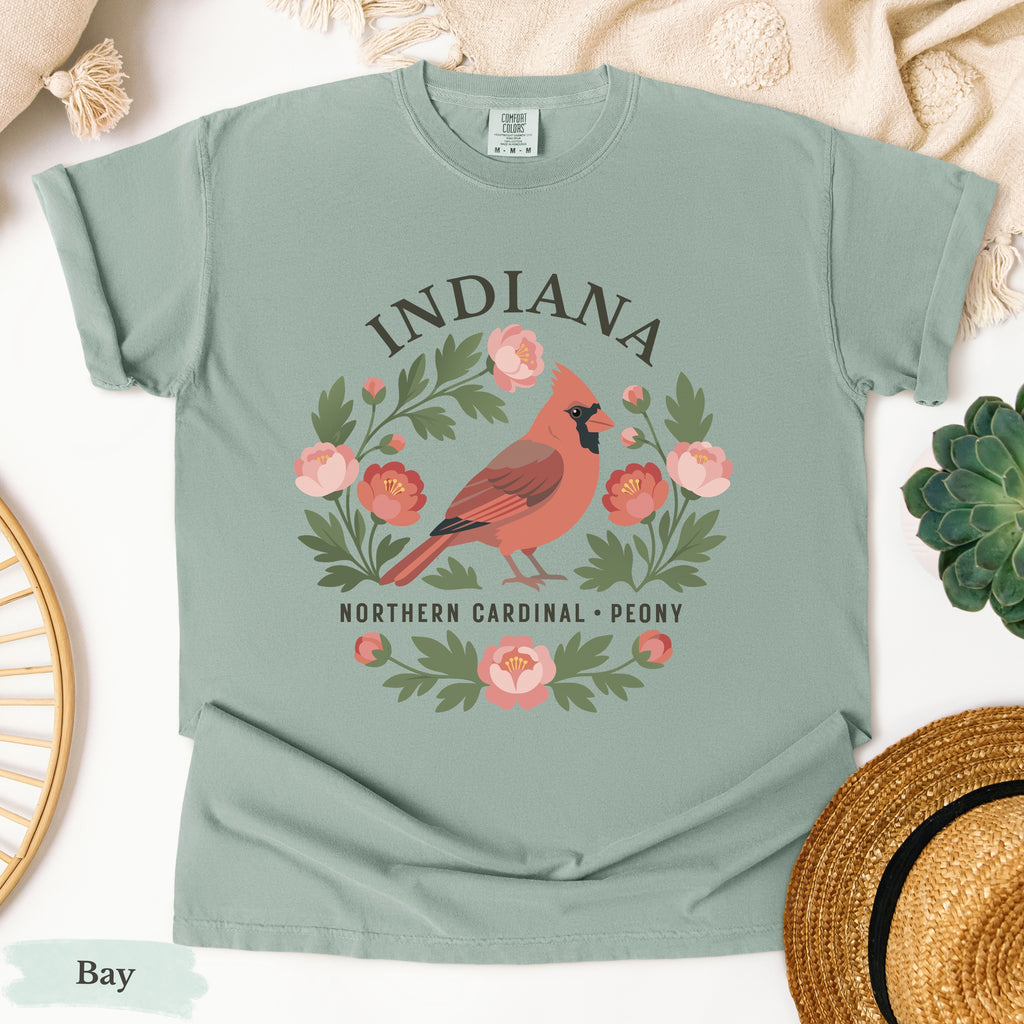 Indiana State Bird and Flower Tee | Northern Cardinal & Peony