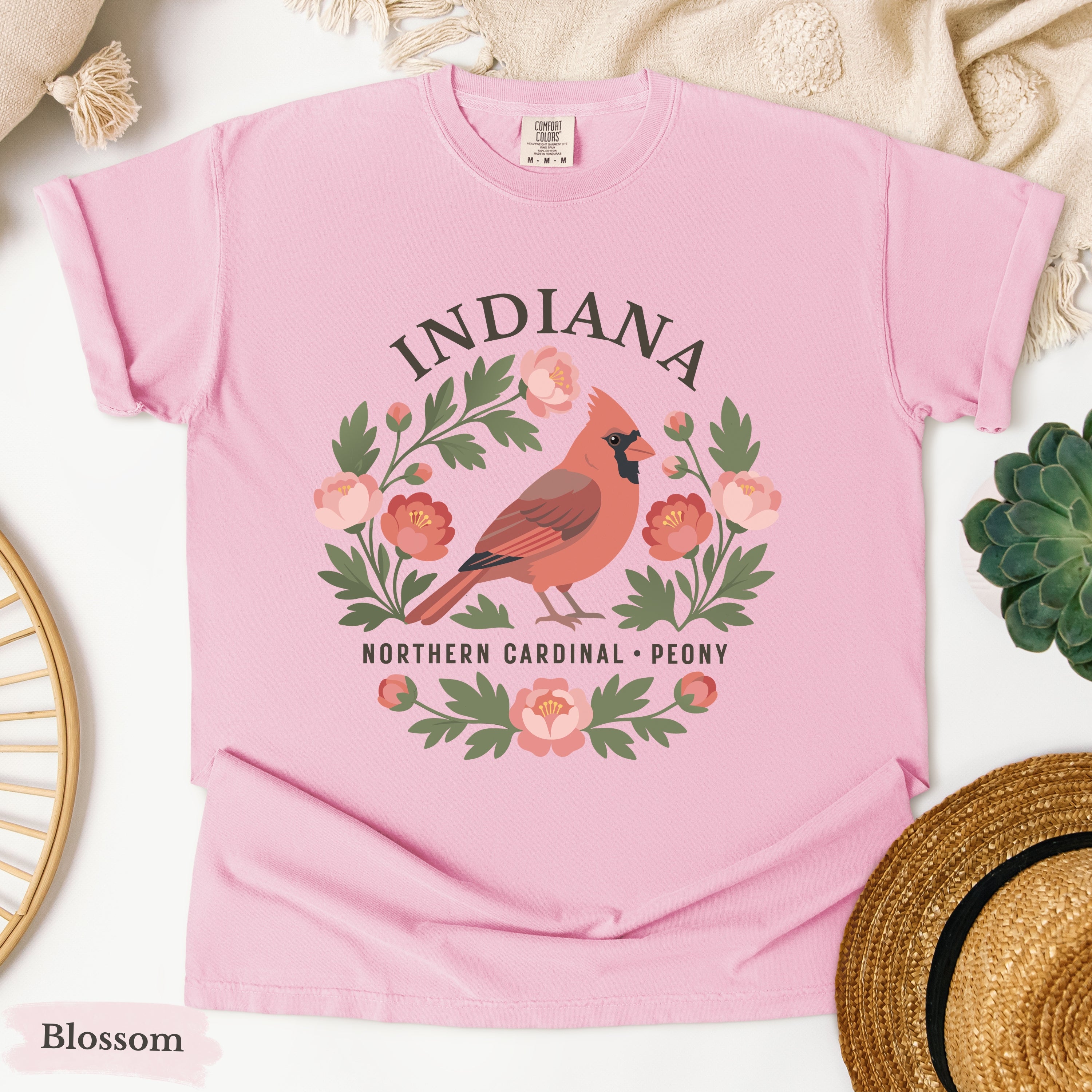 Indiana State Bird and Flower Tee | Northern Cardinal & Peony