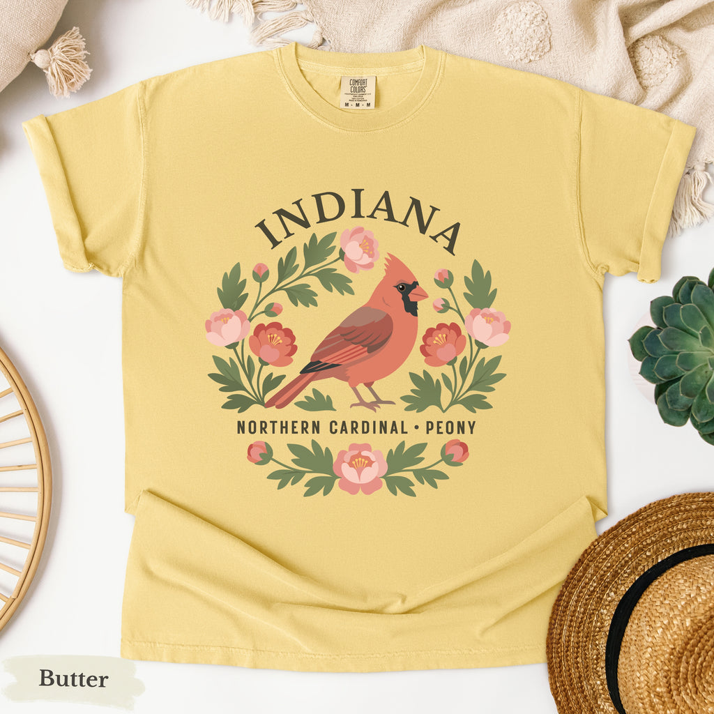 Indiana State Bird and Flower Tee | Northern Cardinal & Peony