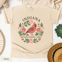 Load image into Gallery viewer, Indiana State Bird and Flower Tee | Northern Cardinal &amp; Peony
