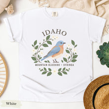 Load image into Gallery viewer, Idaho State Bird and Flower Tee | Mountain Bluebird &amp; Syringa

