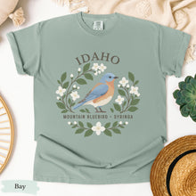 Load image into Gallery viewer, Idaho State Bird and Flower Tee | Mountain Bluebird &amp; Syringa
