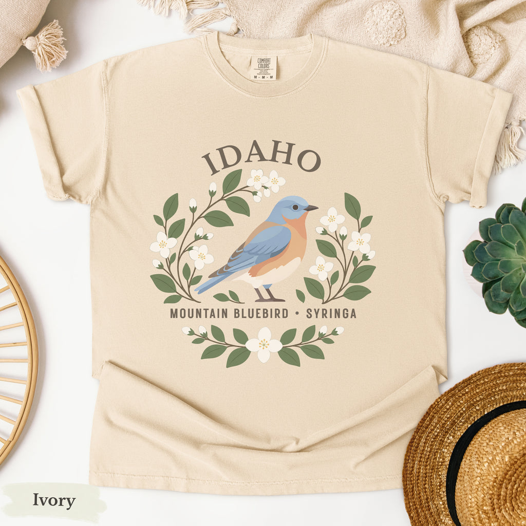 Idaho State Bird and Flower Tee | Mountain Bluebird & Syringa