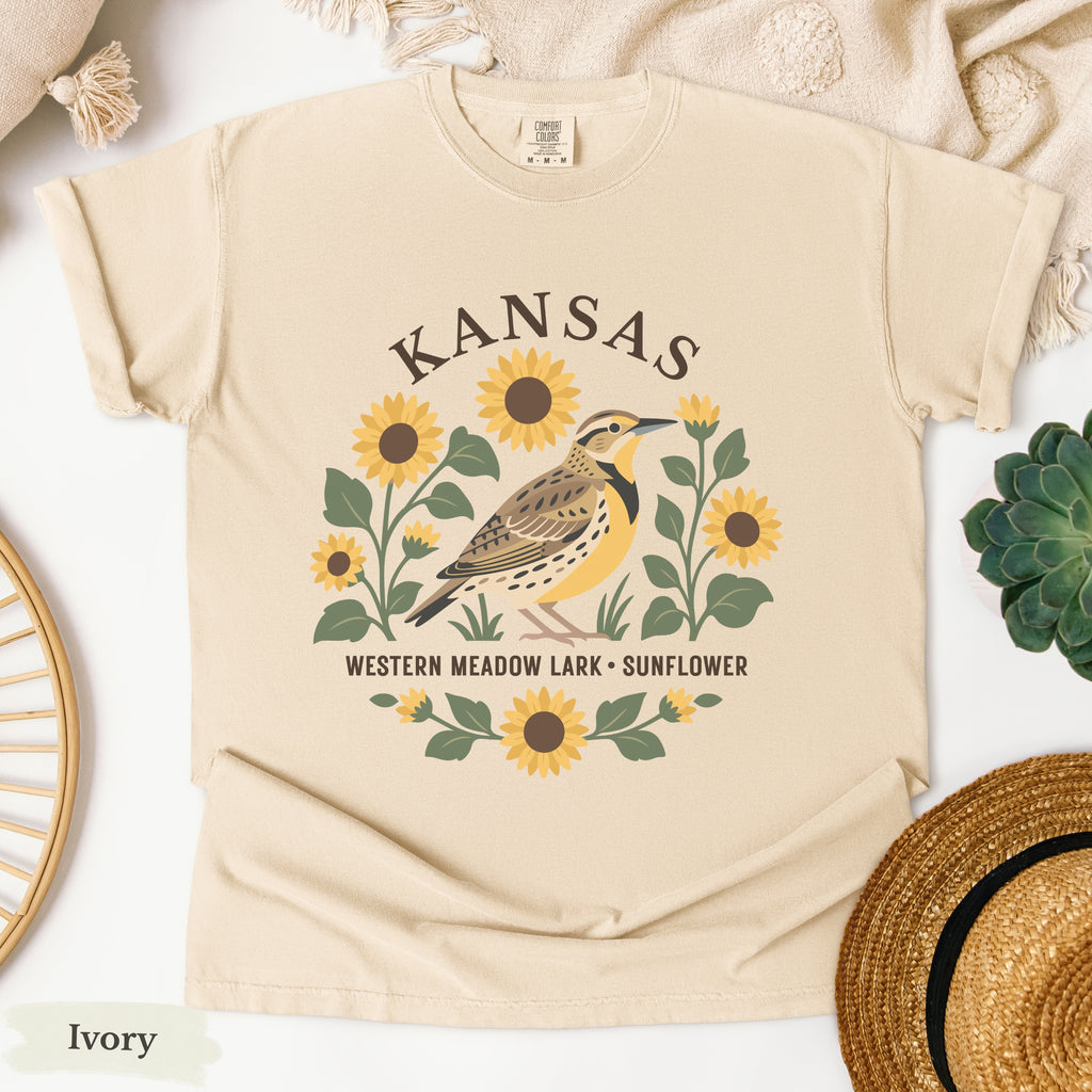 Kansas State Bird and Flower Tee | Western Meadowlark & Sunflower