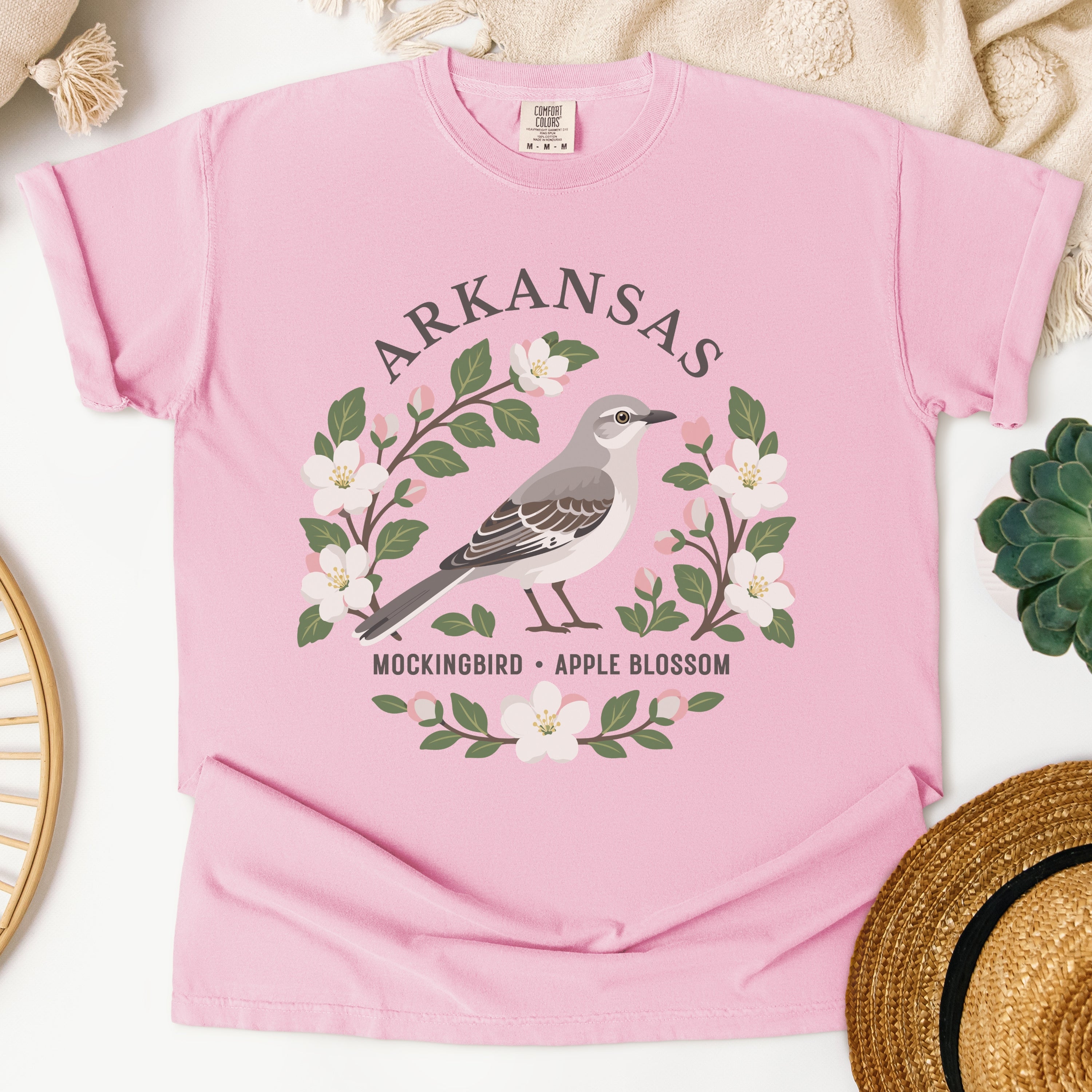 Arkansas State Bird Flower Tee | Mockingbird & Apple Blossom