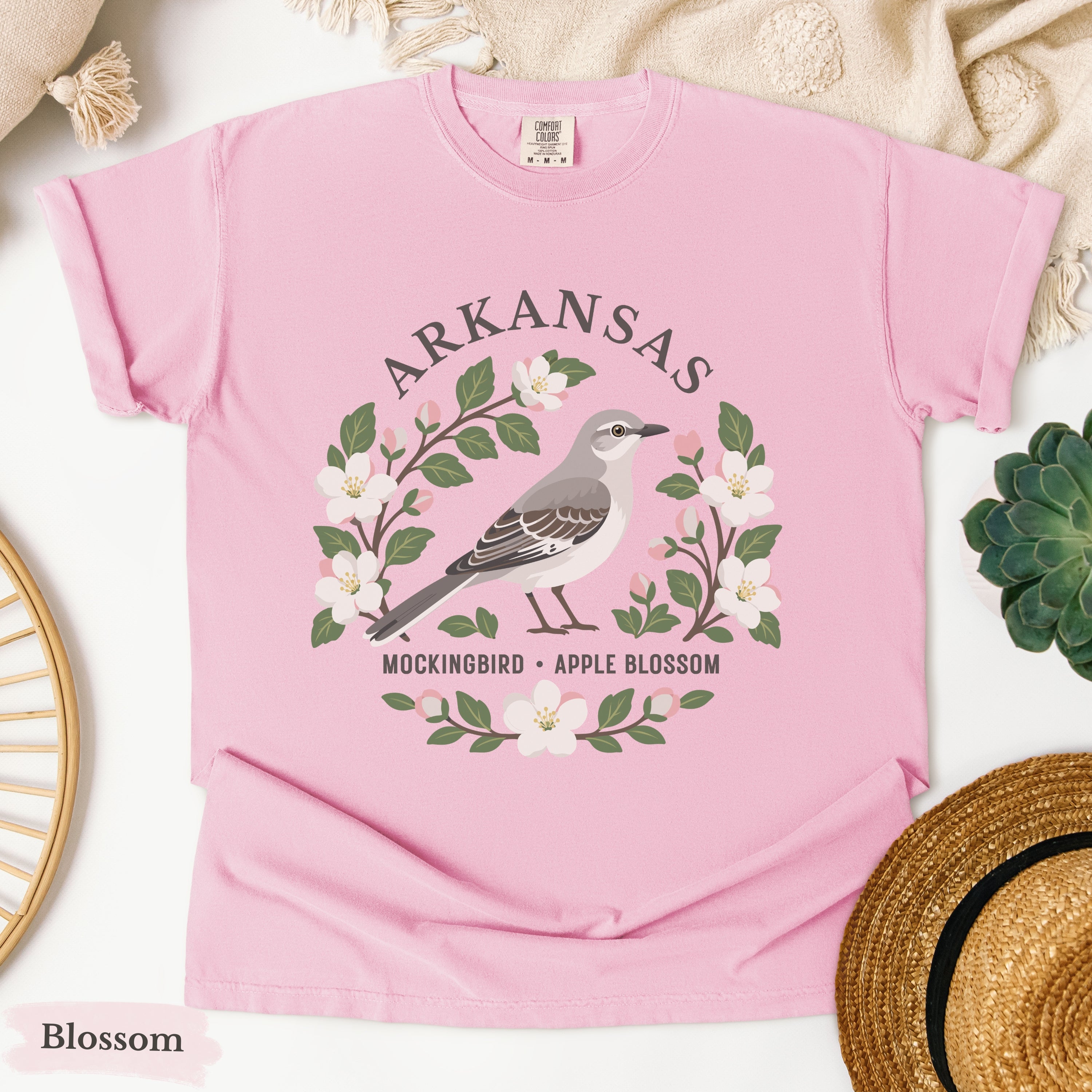 Arkansas State Bird Flower Tee | Mockingbird & Apple Blossom