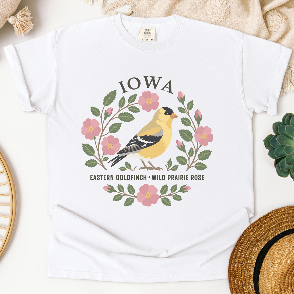 Iowa State Bird and Flower Tee | Eastern Goldfinch & Prairie Rose