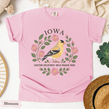 Load image into Gallery viewer, Iowa State Bird and Flower Tee | Eastern Goldfinch &amp; Prairie Rose
