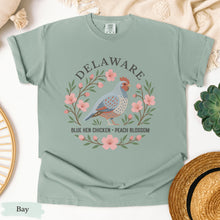 Load image into Gallery viewer, Delaware State Bird Flower Tee | Blue Hen &amp; Peach Blossom T-Shirt
