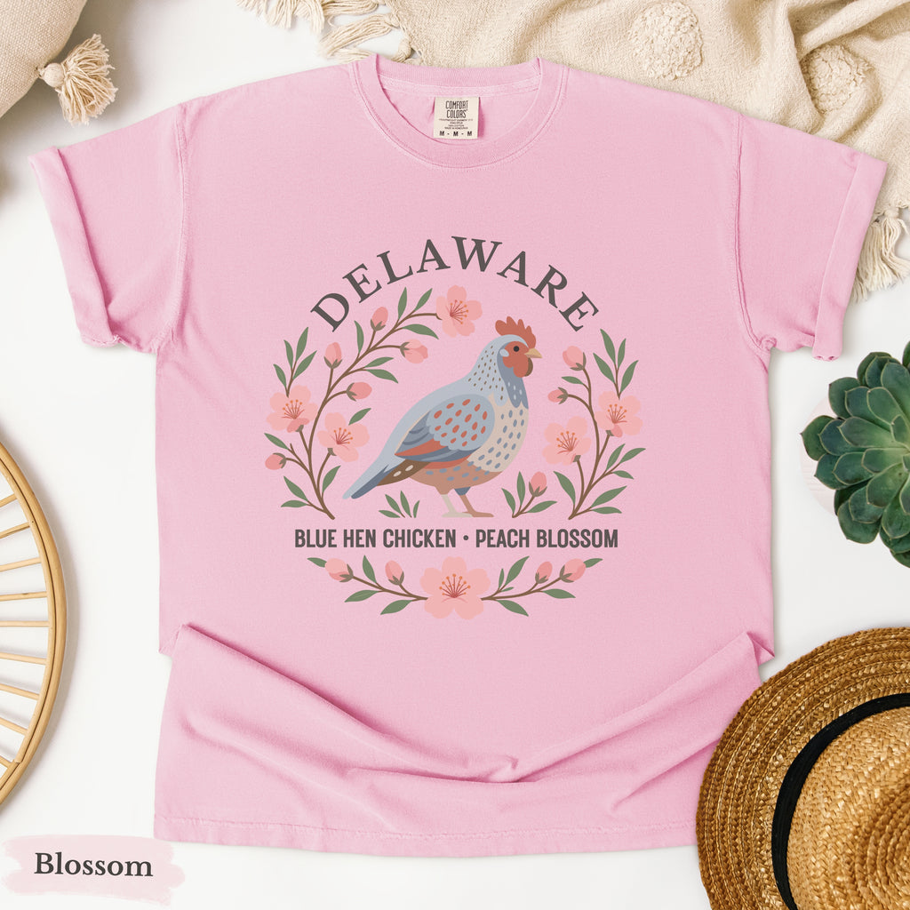 Delaware State Bird Flower Tee | Blue Hen & Peach Blossom T-Shirt