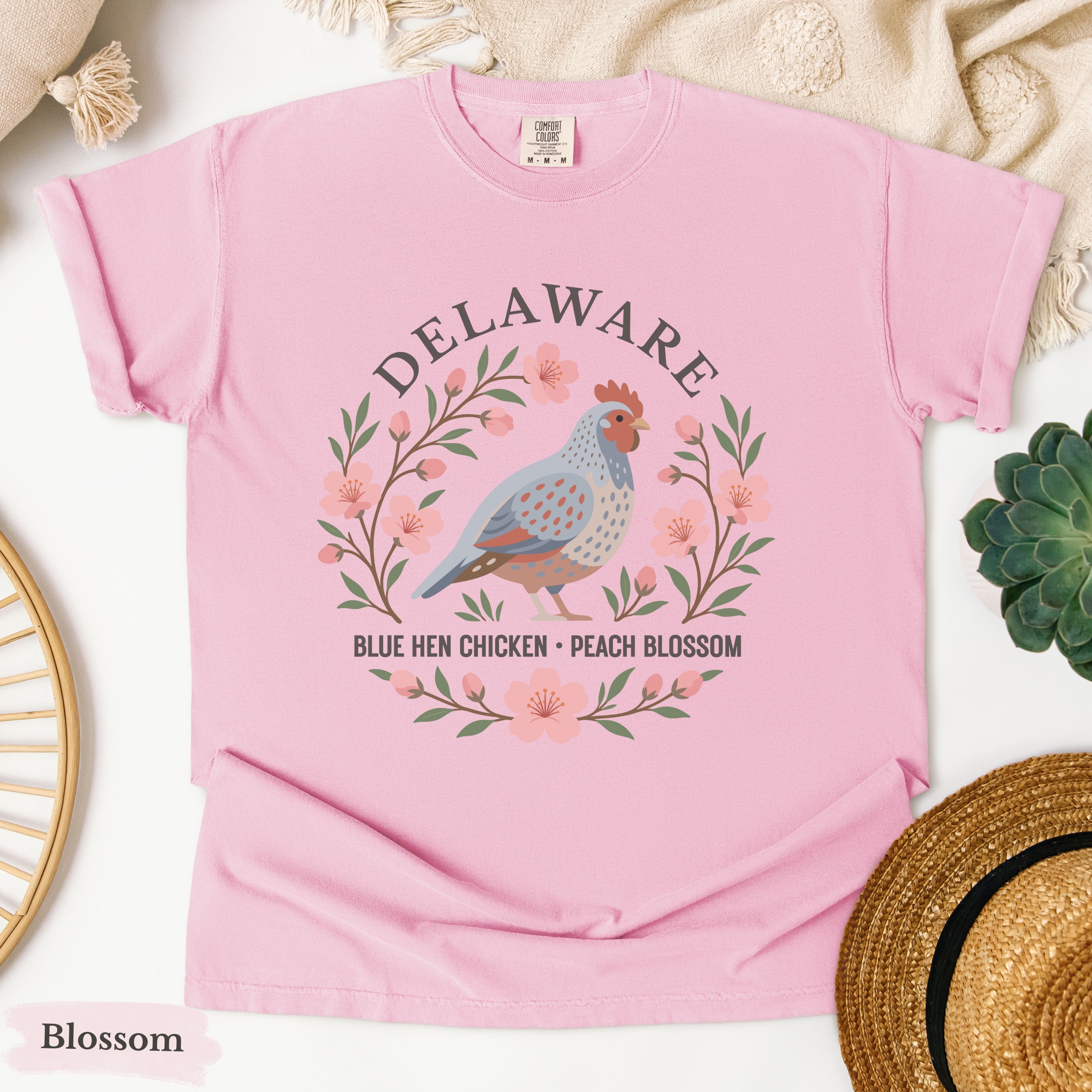 Delaware State Bird Flower Tee | Blue Hen & Peach Blossom T-Shirt