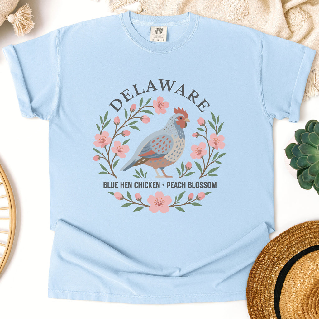 Delaware State Bird Flower Tee | Blue Hen & Peach Blossom T-Shirt