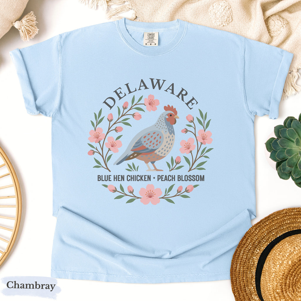 Delaware State Bird Flower Tee | Blue Hen & Peach Blossom T-Shirt