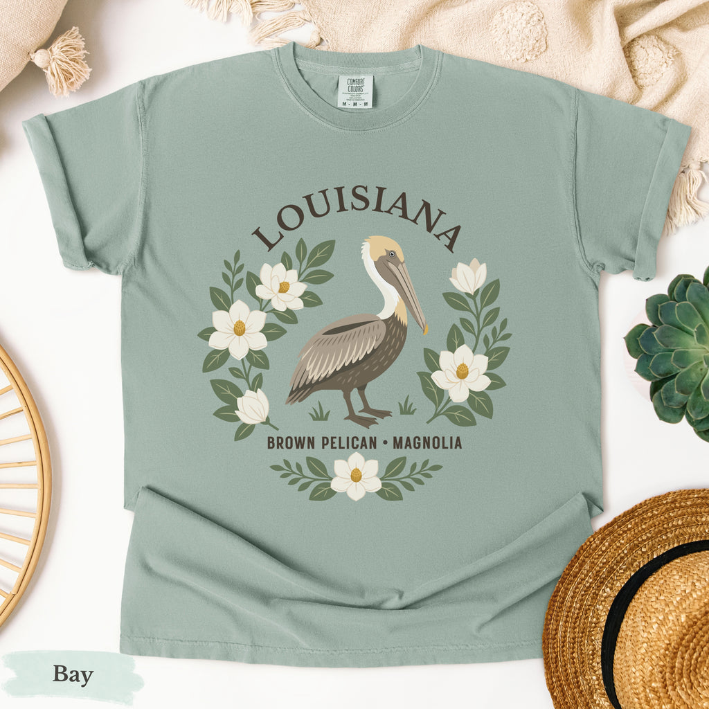 Louisiana State Bird and Flower Tee | Brown Pelican & Magnolia