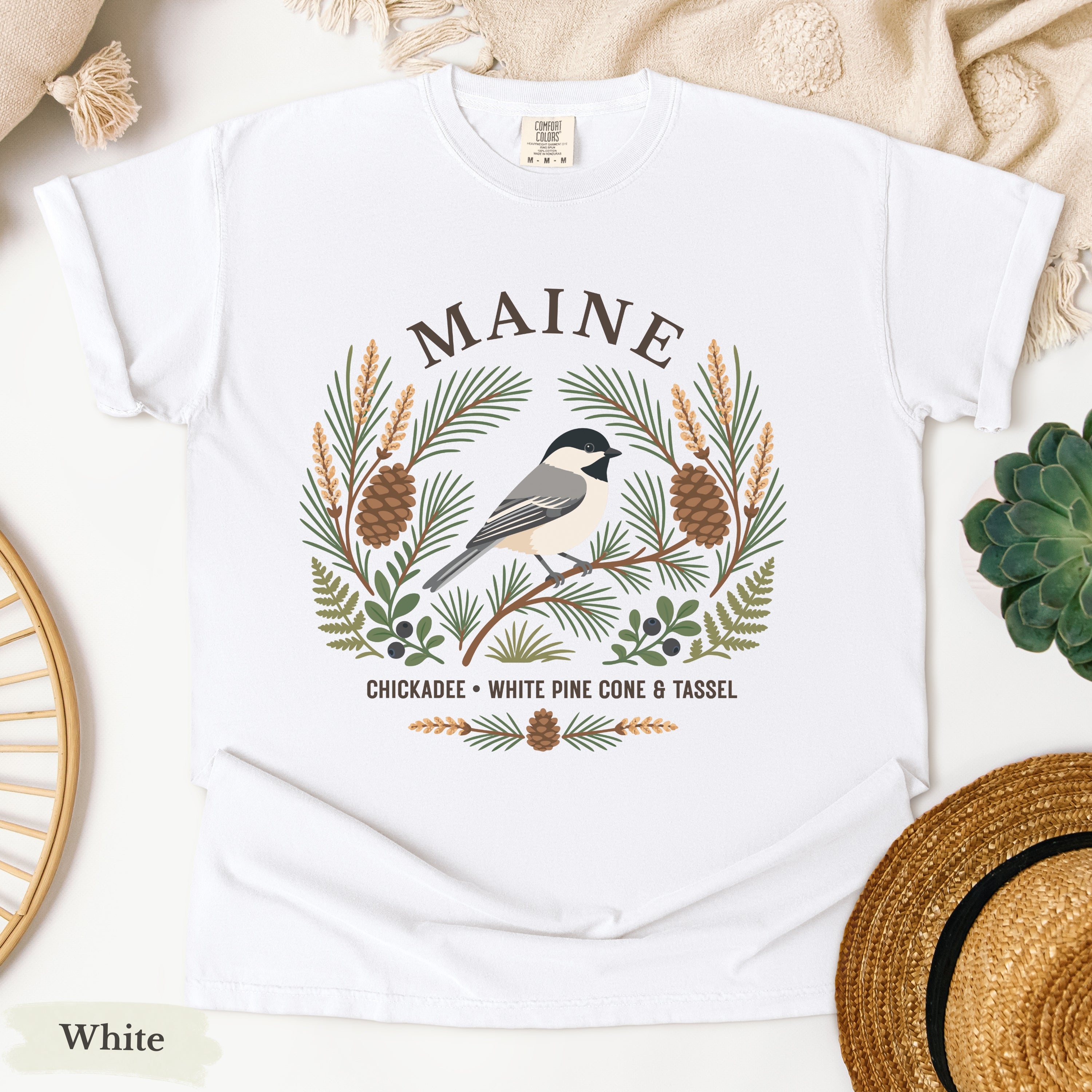 Maine State Bird and Flower Tee | Chickadee & Pinecone