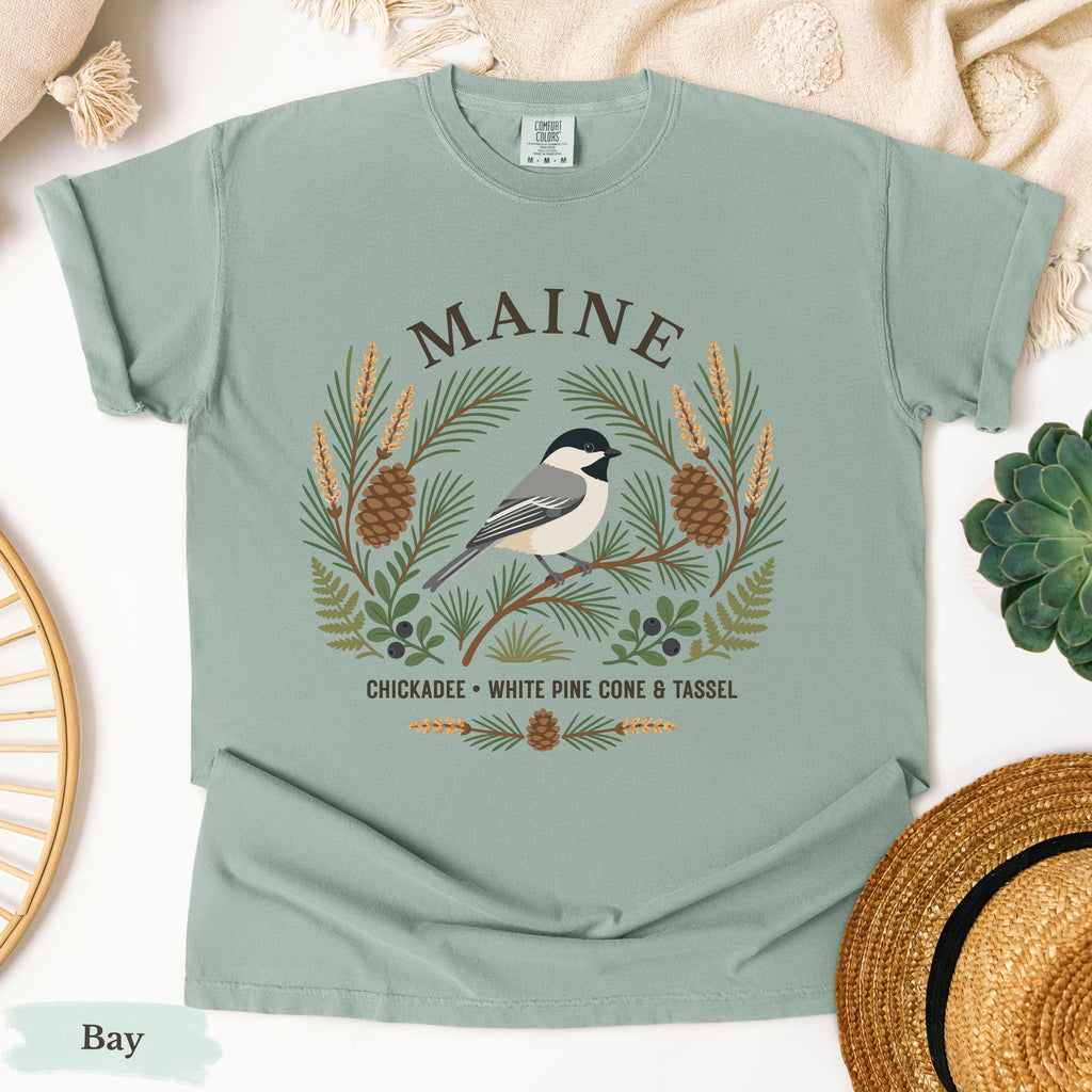 Maine State Bird and Flower Tee | Chickadee & Pinecone
