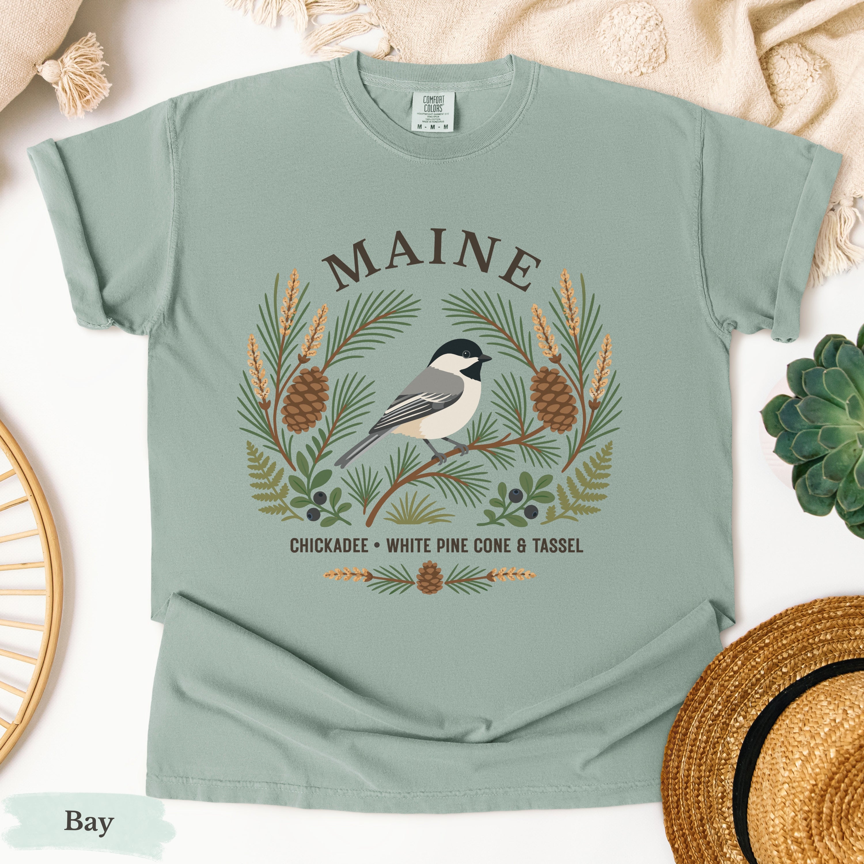 Maine State Bird and Flower Tee | Chickadee & Pinecone