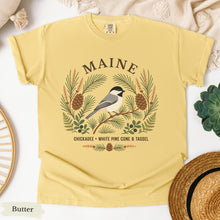 Load image into Gallery viewer, Maine State Bird and Flower Tee | Chickadee &amp; Pinecone
