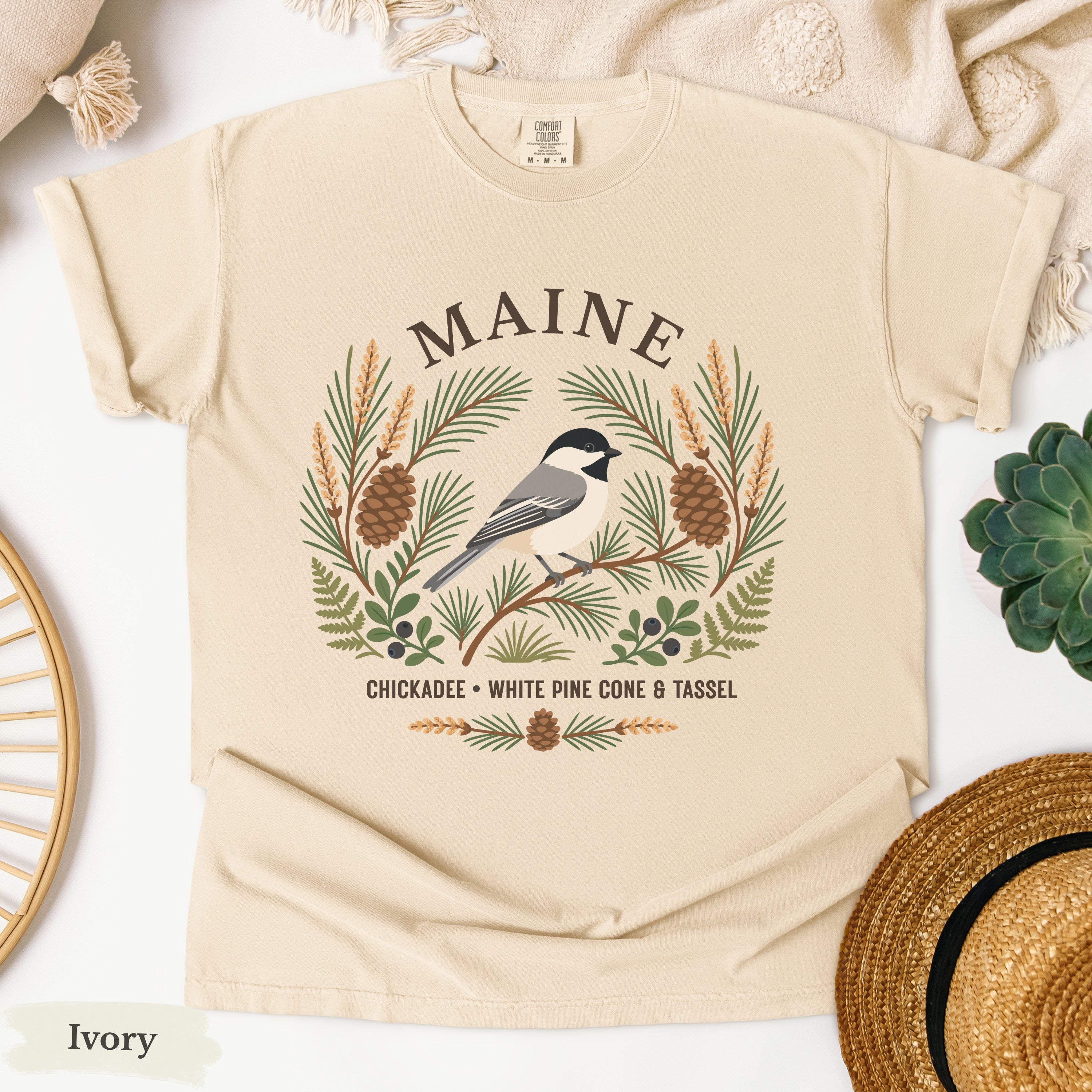 Maine State Bird and Flower Tee | Chickadee & Pinecone