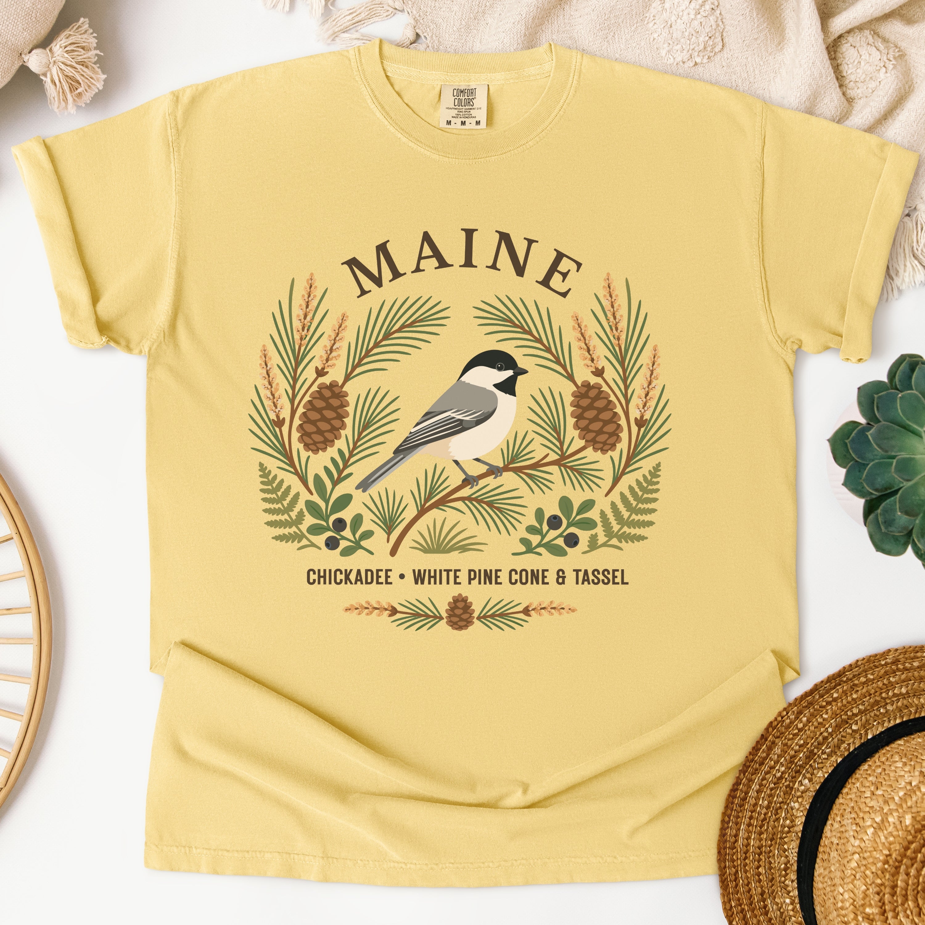 Maine State Bird and Flower Tee | Chickadee & Pinecone