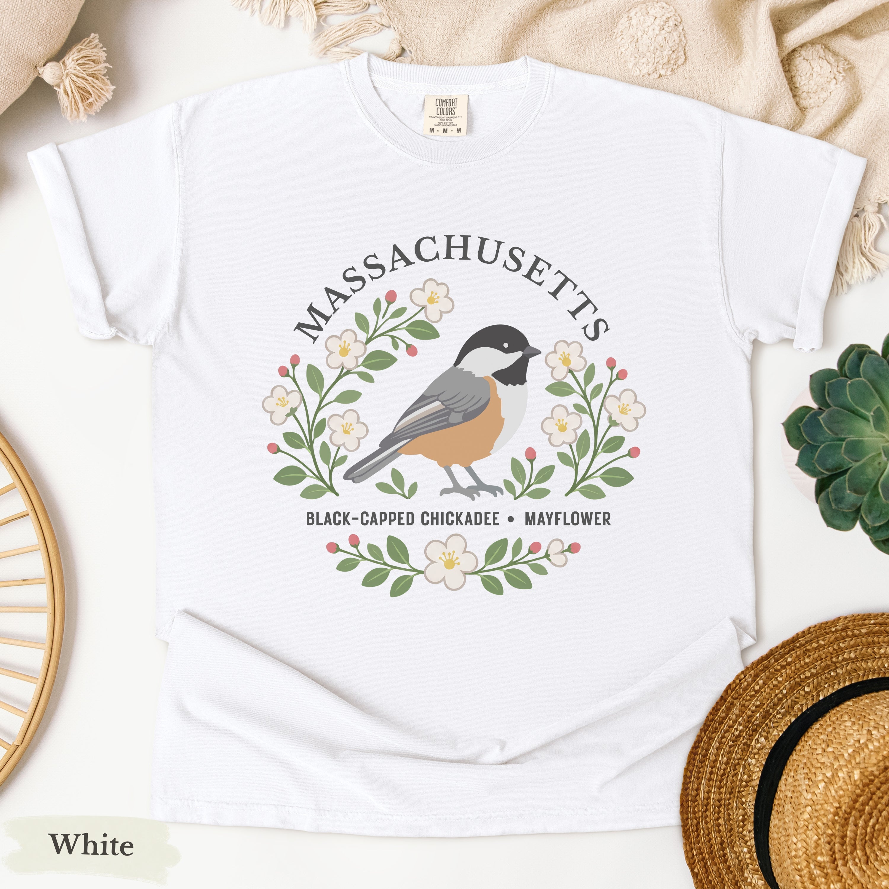 Massachusetts State Bird and Flower Tee | Black-Capped Chickadee & Mayflower