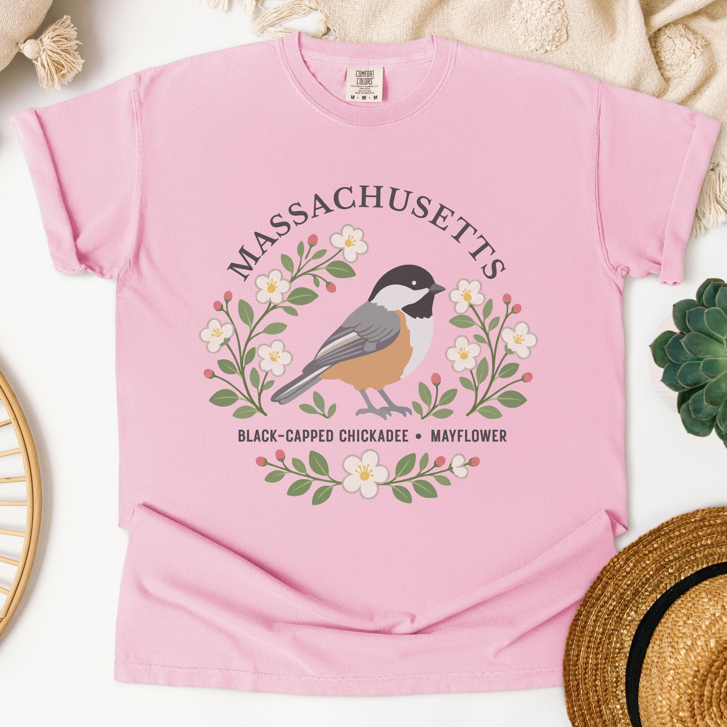 Massachusetts State Bird and Flower Tee | Black-Capped Chickadee & Mayflower