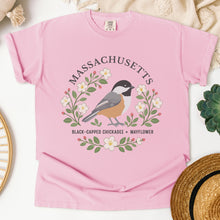 Load image into Gallery viewer, Massachusetts State Bird and Flower Tee | Black-Capped Chickadee &amp; Mayflower
