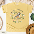 Massachusetts State Bird and Flower Tee | Black-Capped Chickadee & Mayflower