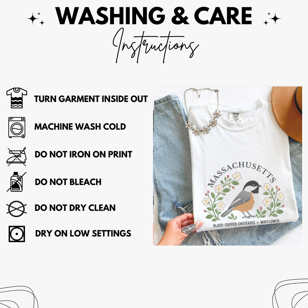 Massachusetts State Bird and Flower Tee | Black-Capped Chickadee & Mayflower