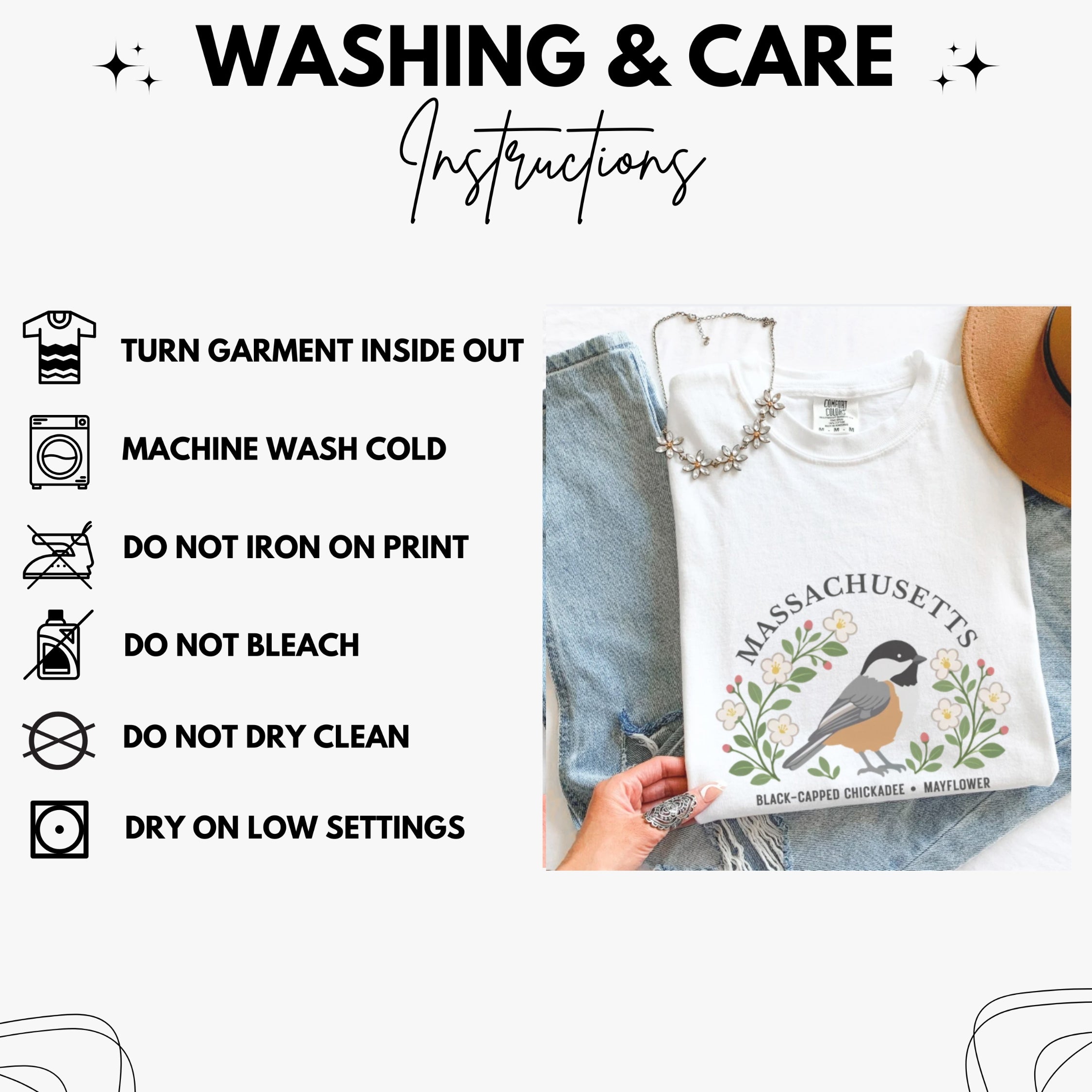 Massachusetts State Bird and Flower Tee | Black-Capped Chickadee & Mayflower