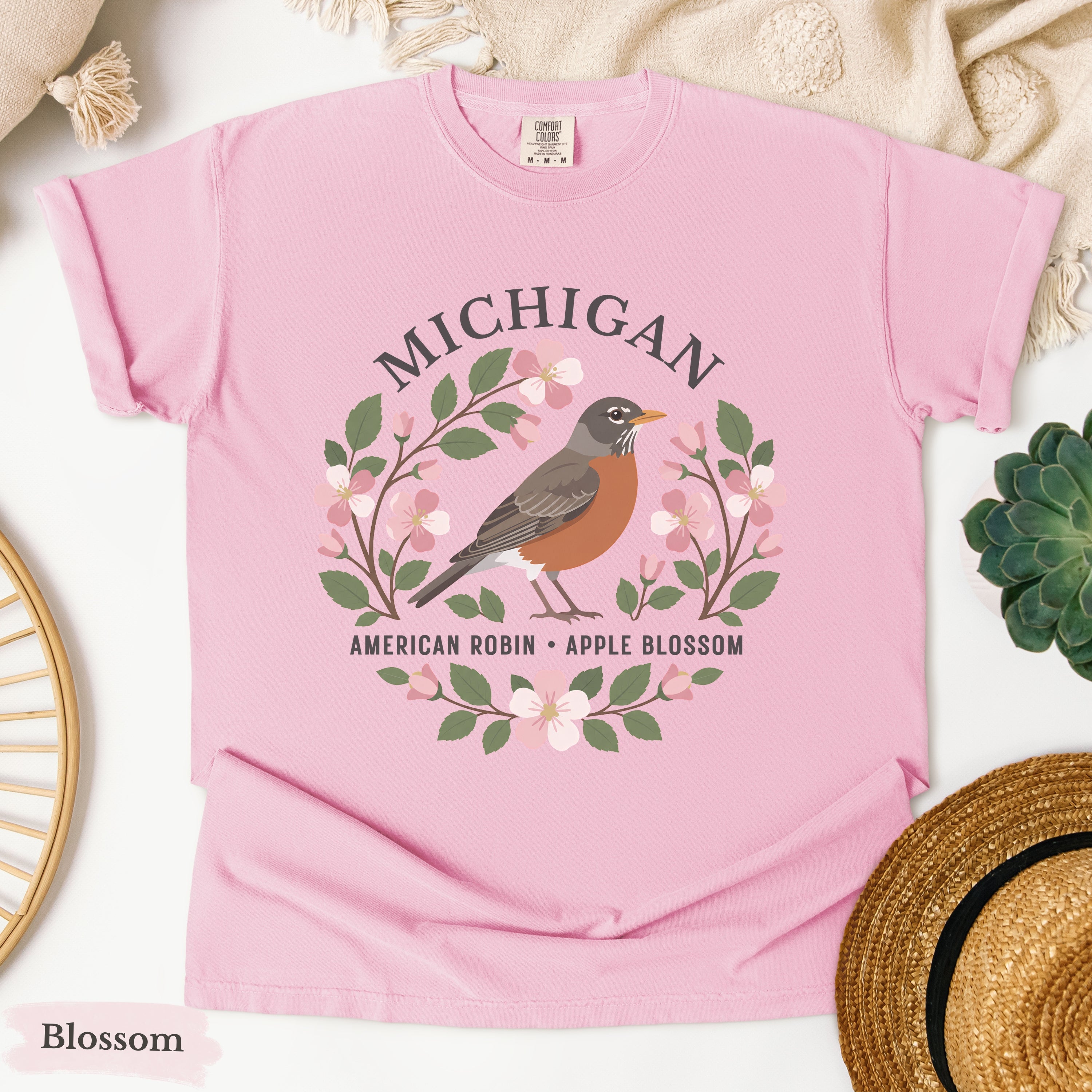 Michigan State Bird and Flower Tee | American Robin & Apple Blossom
