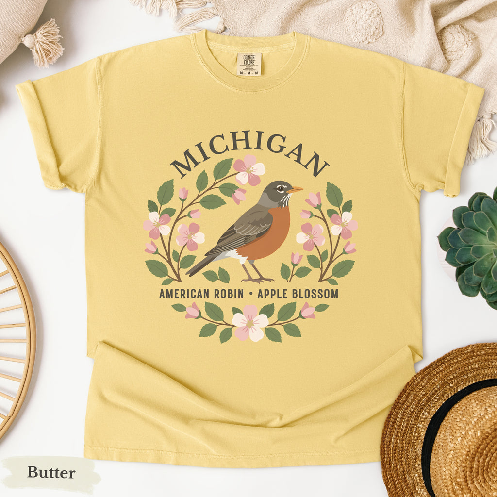 Michigan State Bird and Flower Tee | American Robin & Apple Blossom