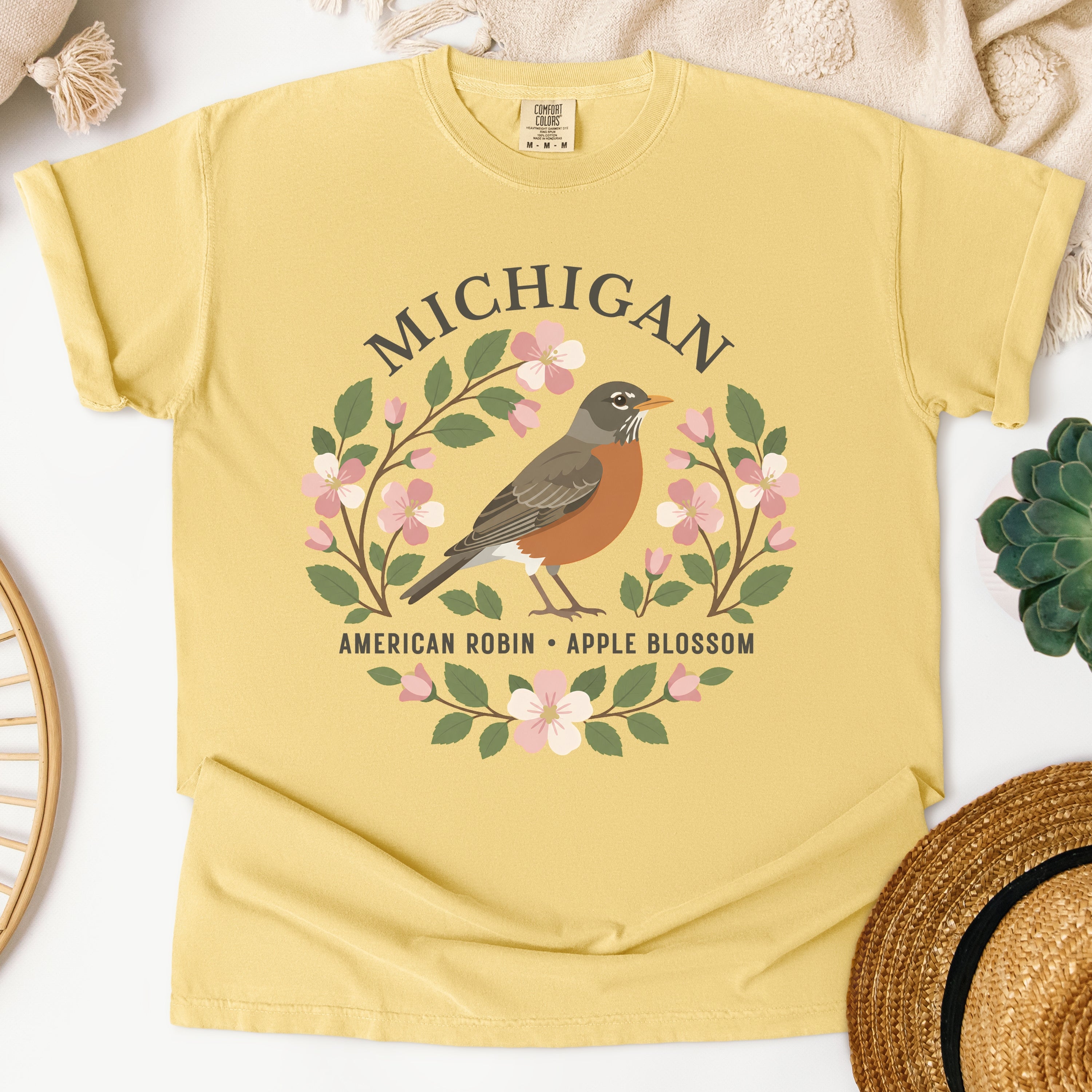 Michigan State Bird and Flower Tee | American Robin & Apple Blossom