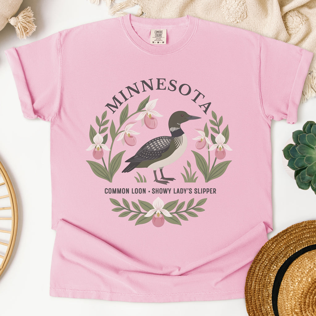 Minnesota State Bird and Flower Tee | Common Loon & Lady's Slipper