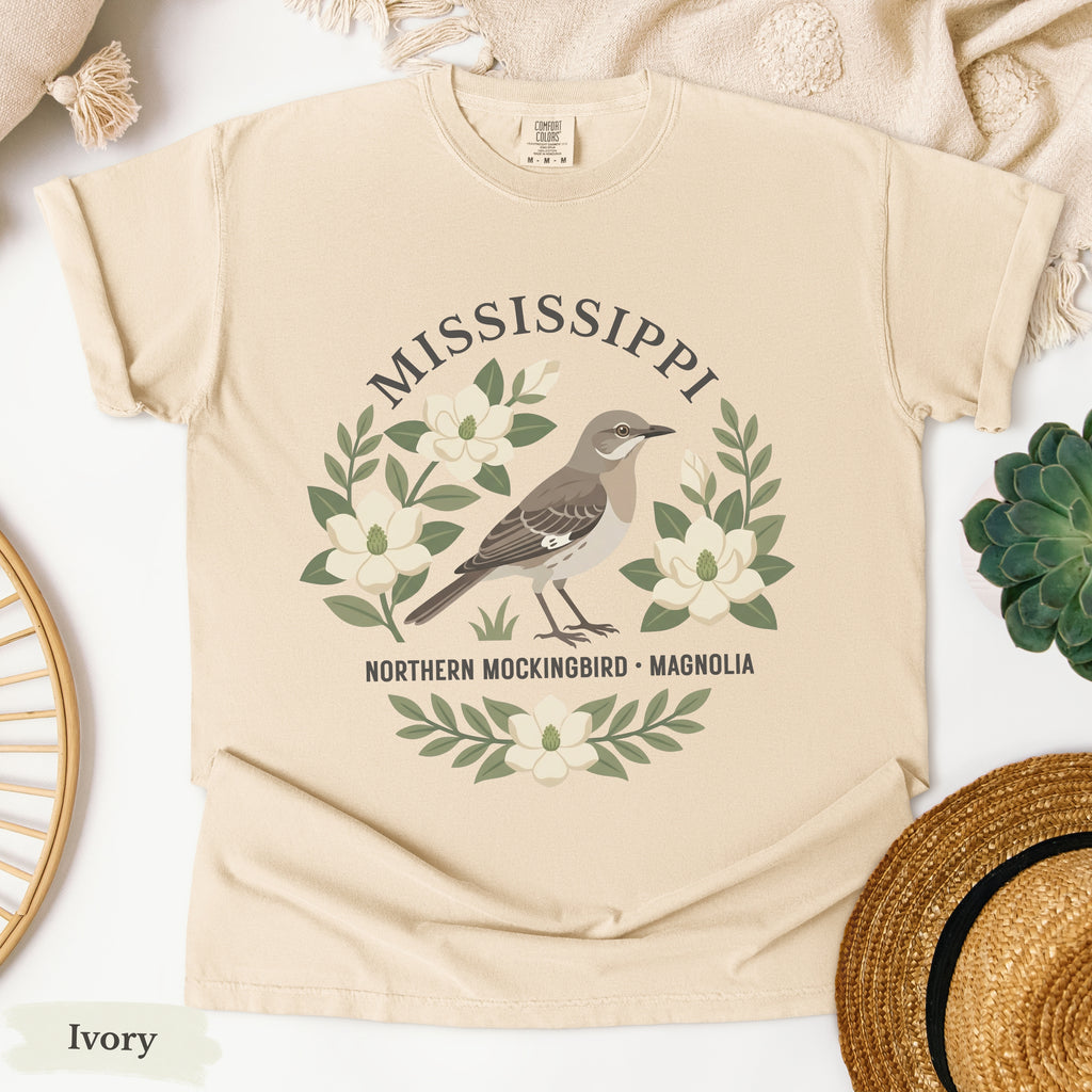 Mississippi State Bird and Flower Tee | Northern Mockingbird & Magnolia