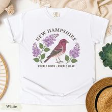 Load image into Gallery viewer, New Hampshire State Bird and Flower Tee | Purple Finch &amp; Lilac
